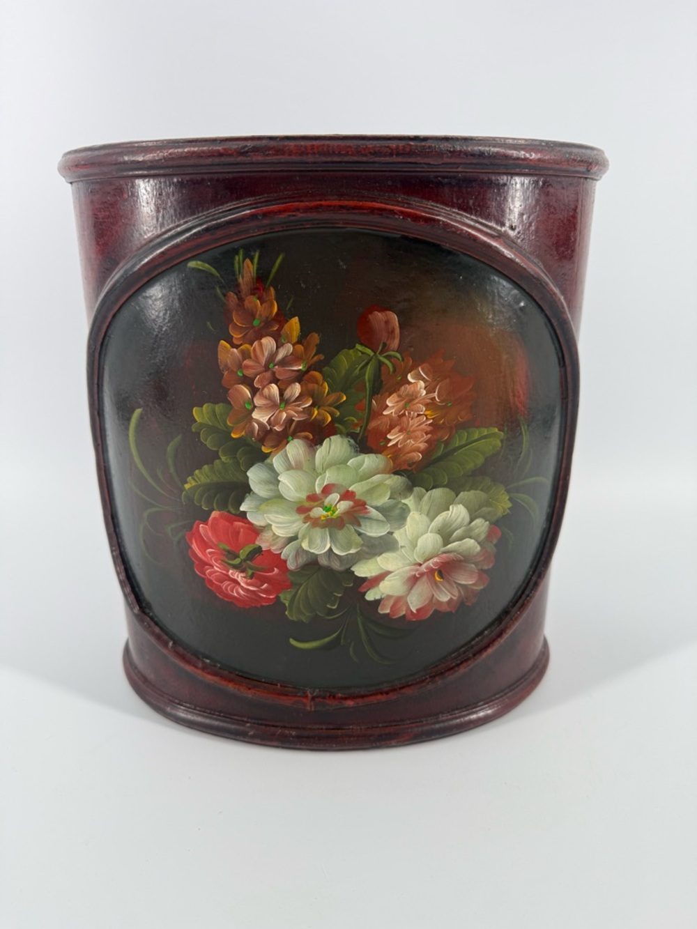 Vintage 20th Century Wooden Hand Painted Floral Waste Basket Tole Bin Trash Can